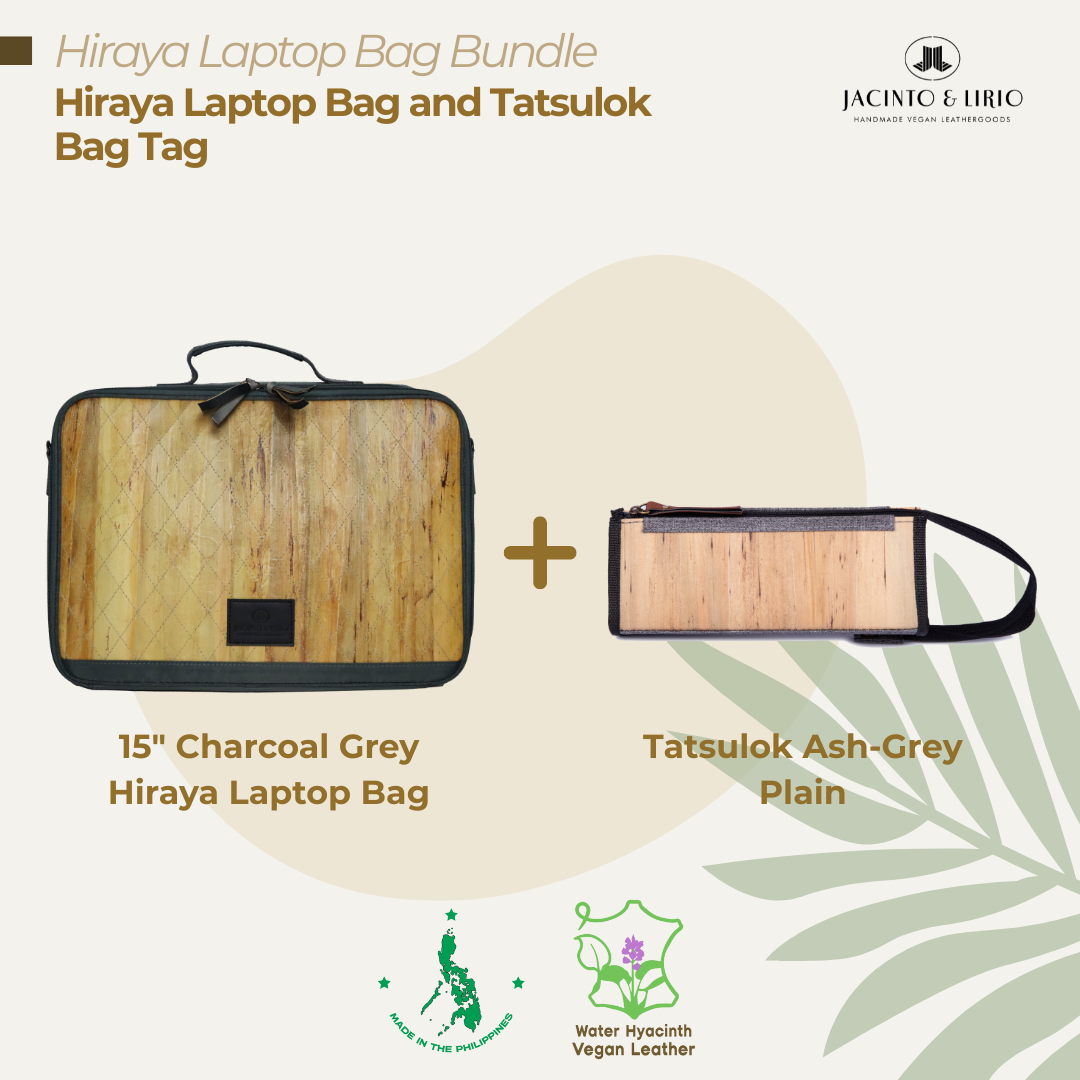 A bundle comprised of a 15" Charcoal Grey Hiraya laptop bag and a Tatsulok vegan leather bag tag in Ash Gray-Plain.