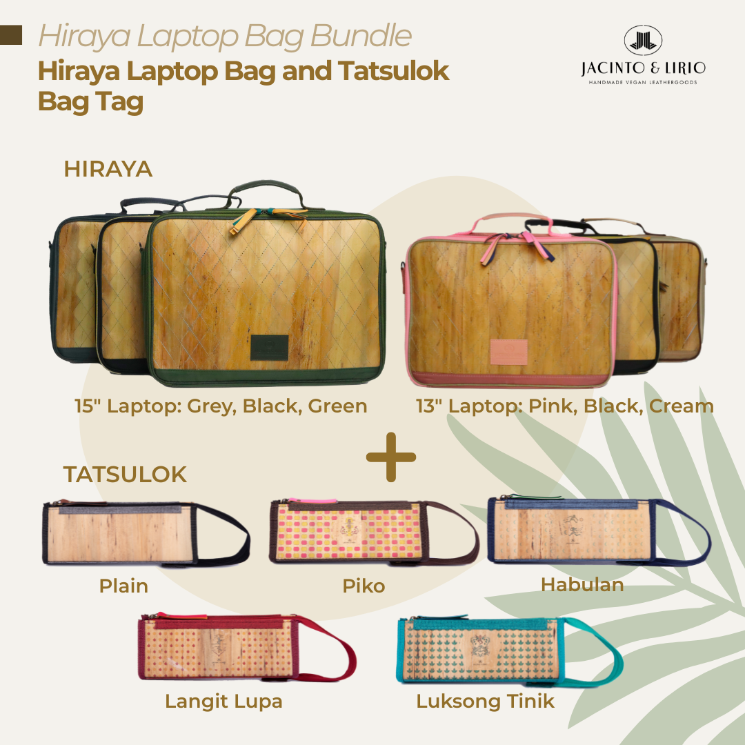 6 vibrant color variations of the Hiraya laptop bag paired with 5 thematic variations of the Tatsulok bag tag.