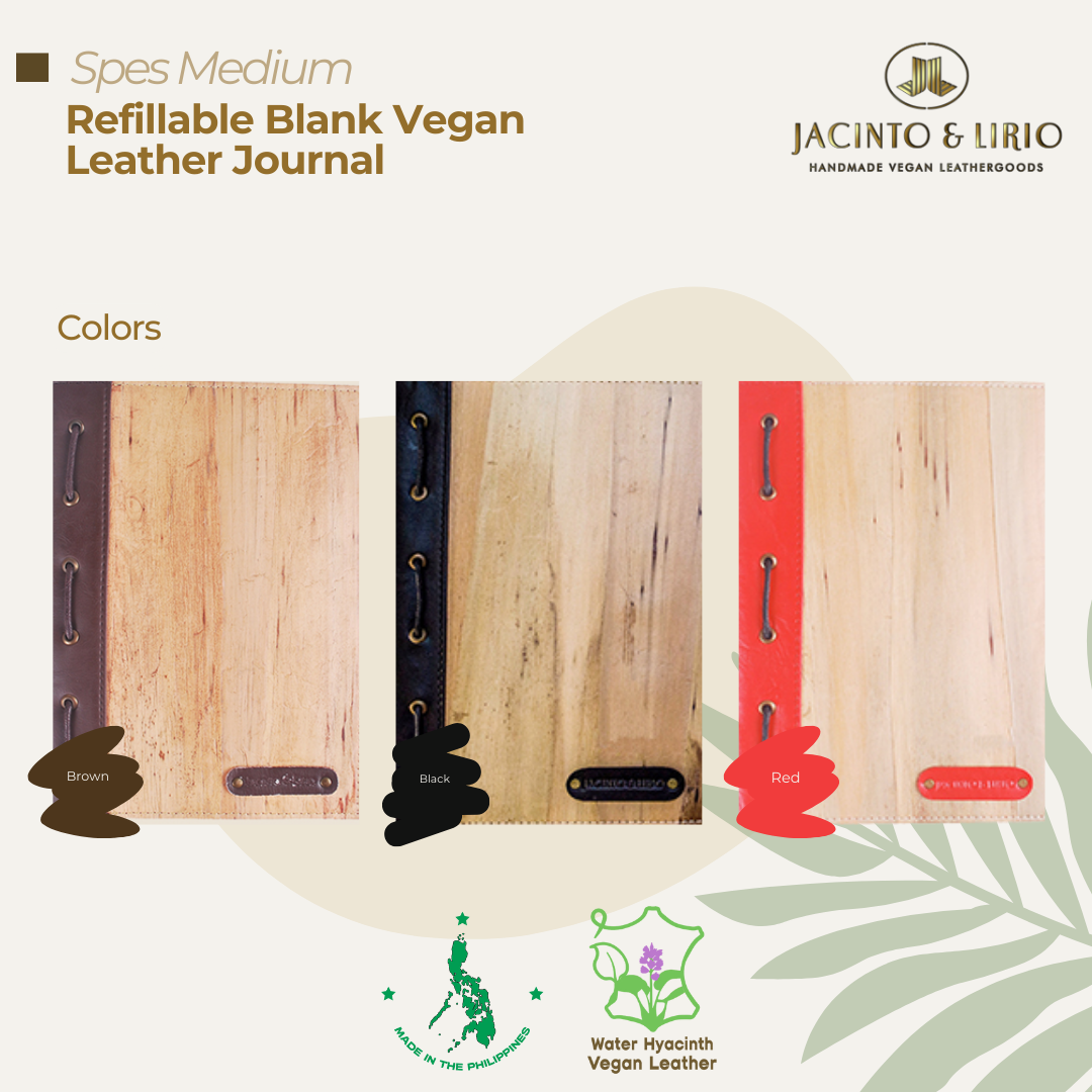 Three color variations of a leather spined, vegan leather notebook.