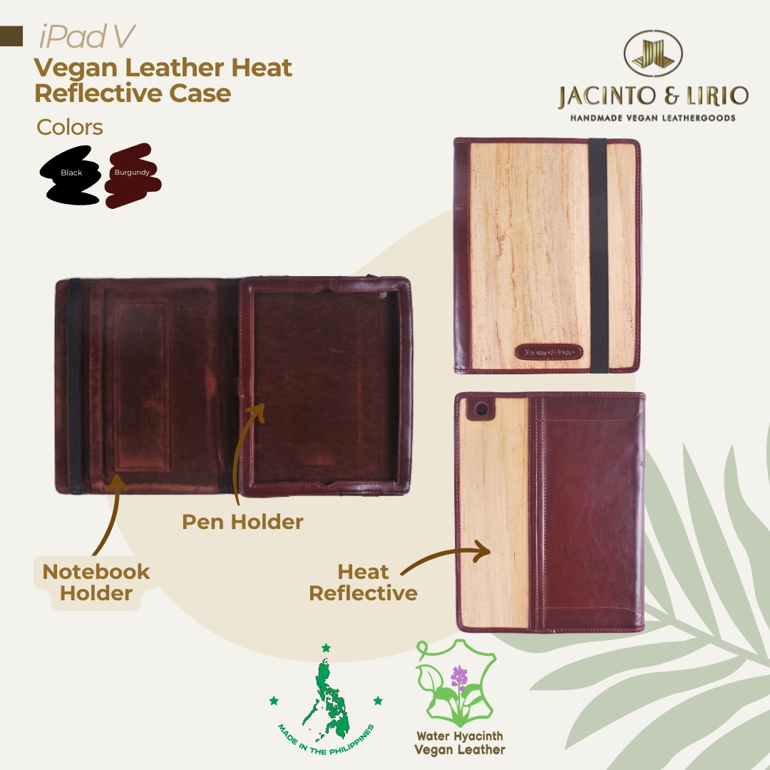 Front, inner, and back view of the heat reflective iPad case in burgundy featuring a dedicated pen and notebook holder.