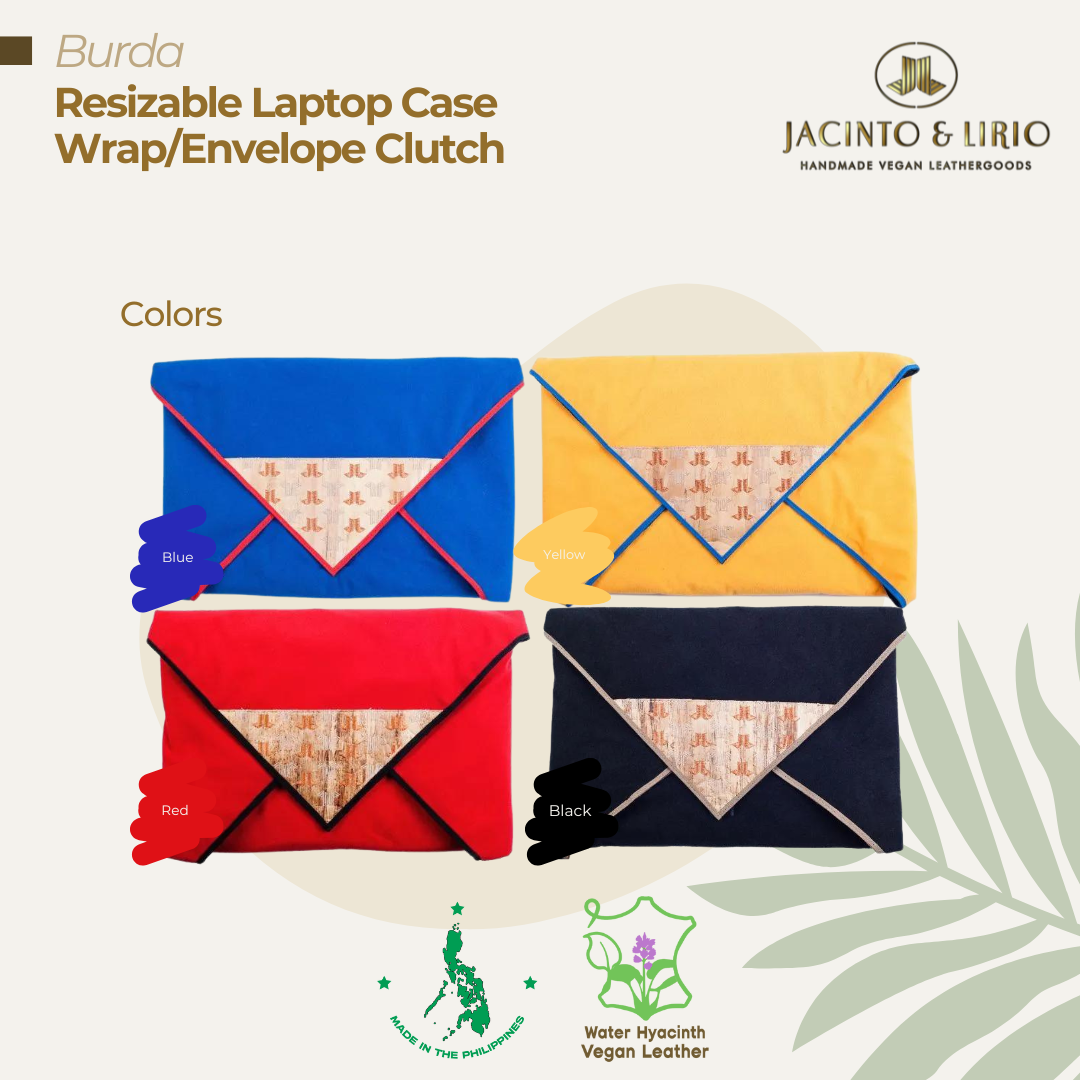 Four vibrant color variations of a resizable polyester phone pouch with a water hyacinth plant leather accent.