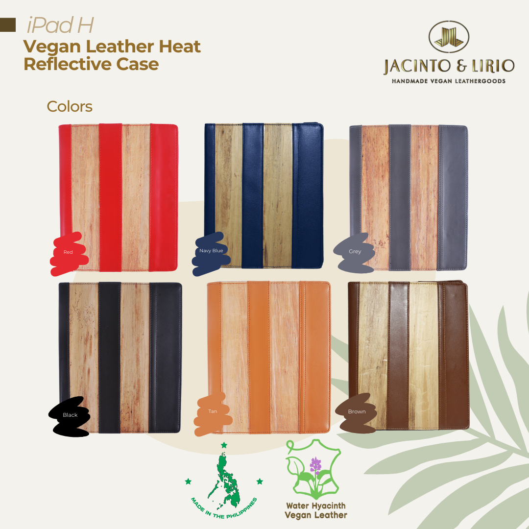 Six vibrant color variations of a heat reflective iPad case made from premium vegan leather.