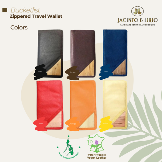 Six vibrant color variations of a zippered travel wallet made from water hyacinth plant leather.