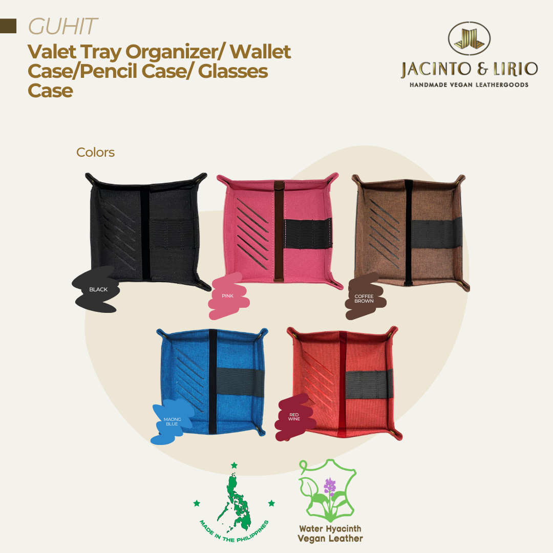 5 vibrant color variations of a tray organizer with compartments for cards and pens made of premium water hyacinth plant leather.