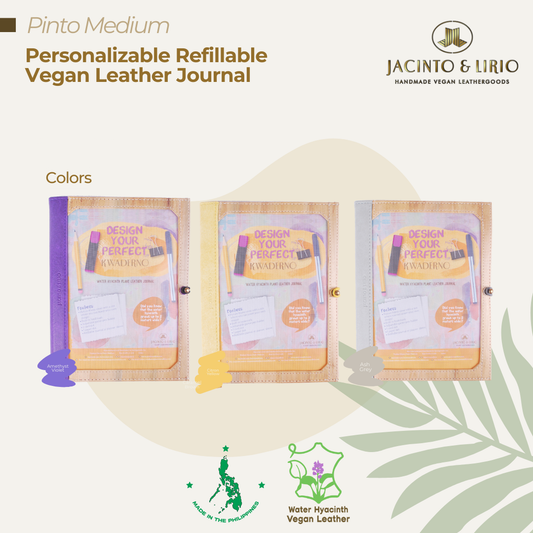 Three color variations of a vegan leather journal with a picture frame cover.