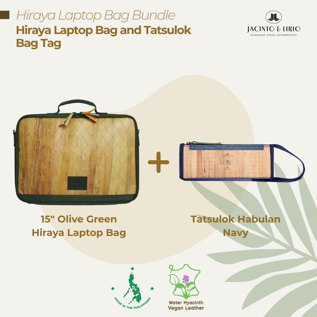 A bundle comprised of a 15" Olive Green Hiraya laptop bag and a Tatsulok vegan leather bag tag in Habulan Navy.
