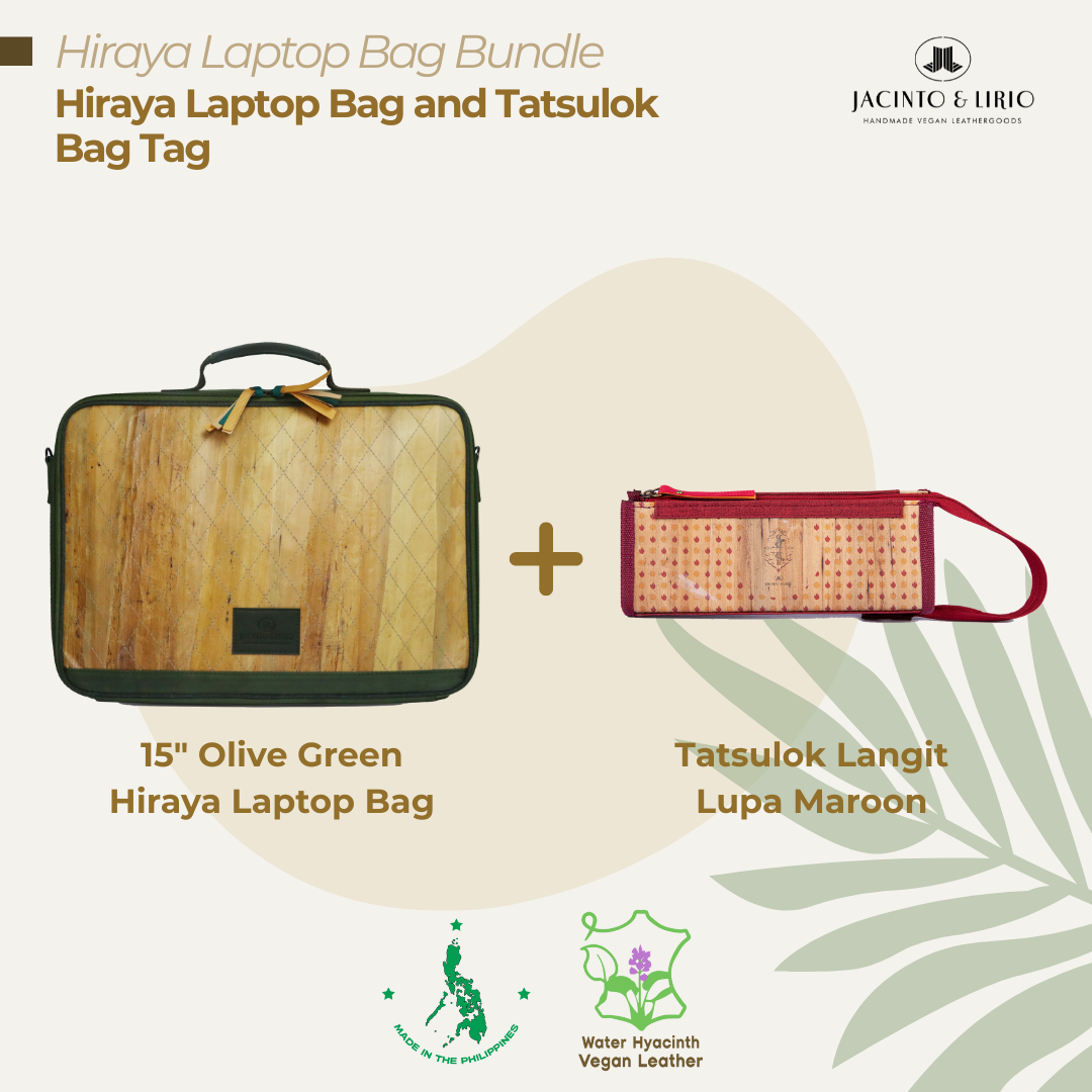 A bundle comprised of a 15" Olive Green Hiraya laptop bag and a Tatsulok vegan leather bag tag in Langit Lupa Maroon.
