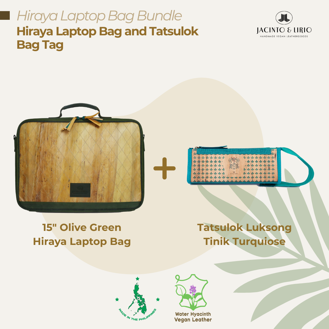 A bundle comprised of a 15" Olive Green Hiraya laptop bag and a Tatsulok vegan leather bag tag in Luksong Tinik Turquiose.