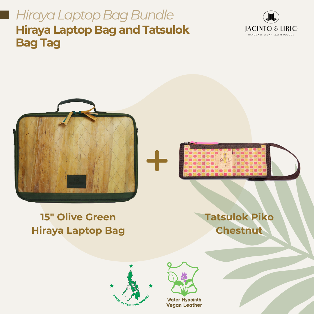 A bundle comprised of a 15" Olive Green Hiraya laptop bag and a Tatsulok vegan leather bag tag in Piko Chestnut.