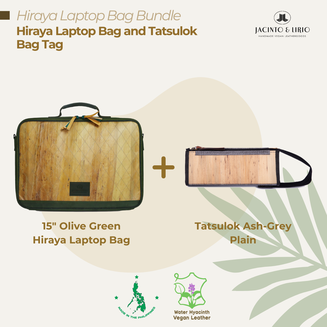 A bundle comprised of a 15" Olive Green Hiraya laptop bag and a Tatsulok vegan leather bag tag in Ash Gray-Plain.