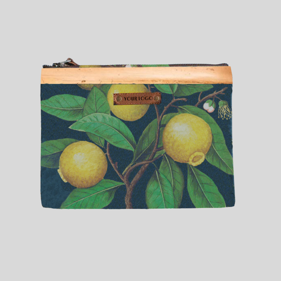 A pouch made of canvas material that has an artwork of a lemon tree printed on it.