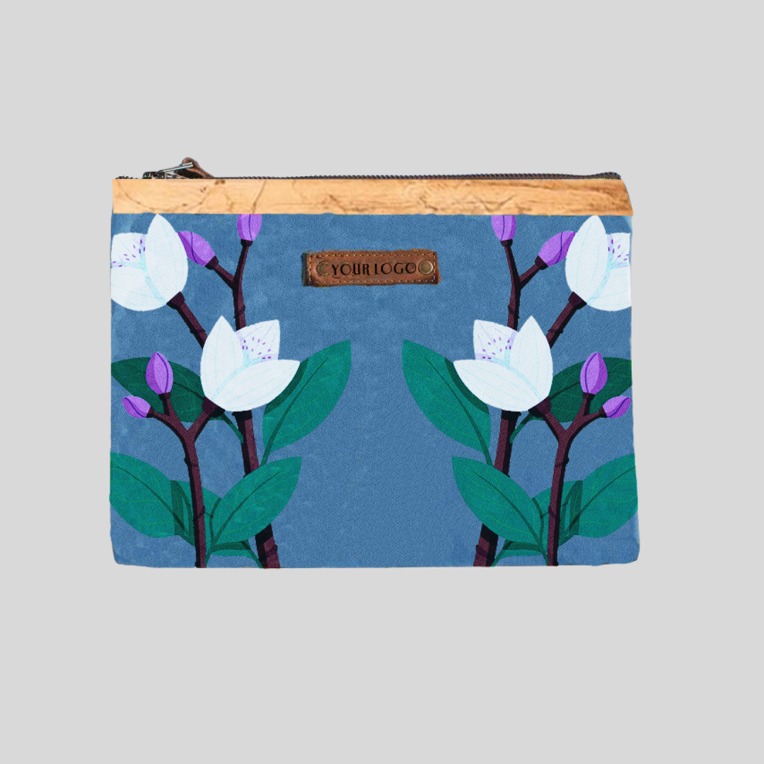 A pouch made of canvas material that has an artwork of a tulips on it.