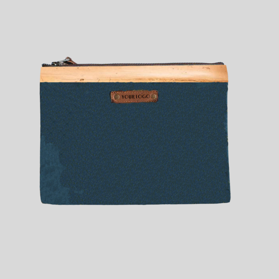 A rectangular pouch made of plain navy blue canvas material and vegan leather on its hem.