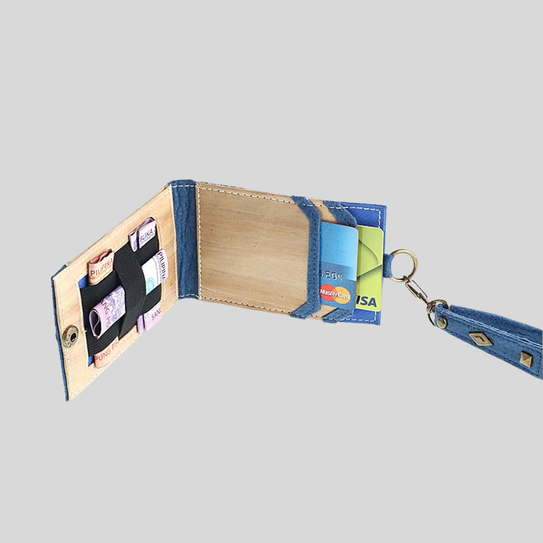 An ingenious ID lanyard that contains hidden compartments for cards and bills in a flap that is closed by a snap closure at the front.