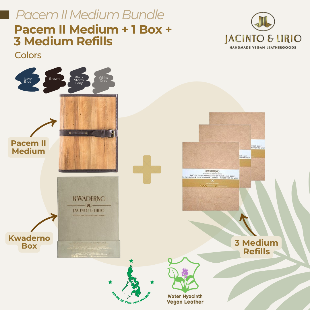 A bundle composed of a classy brown journal, gift box packaging, and three medium notebook refills as perfect gifts for notetakers and jetsetters.