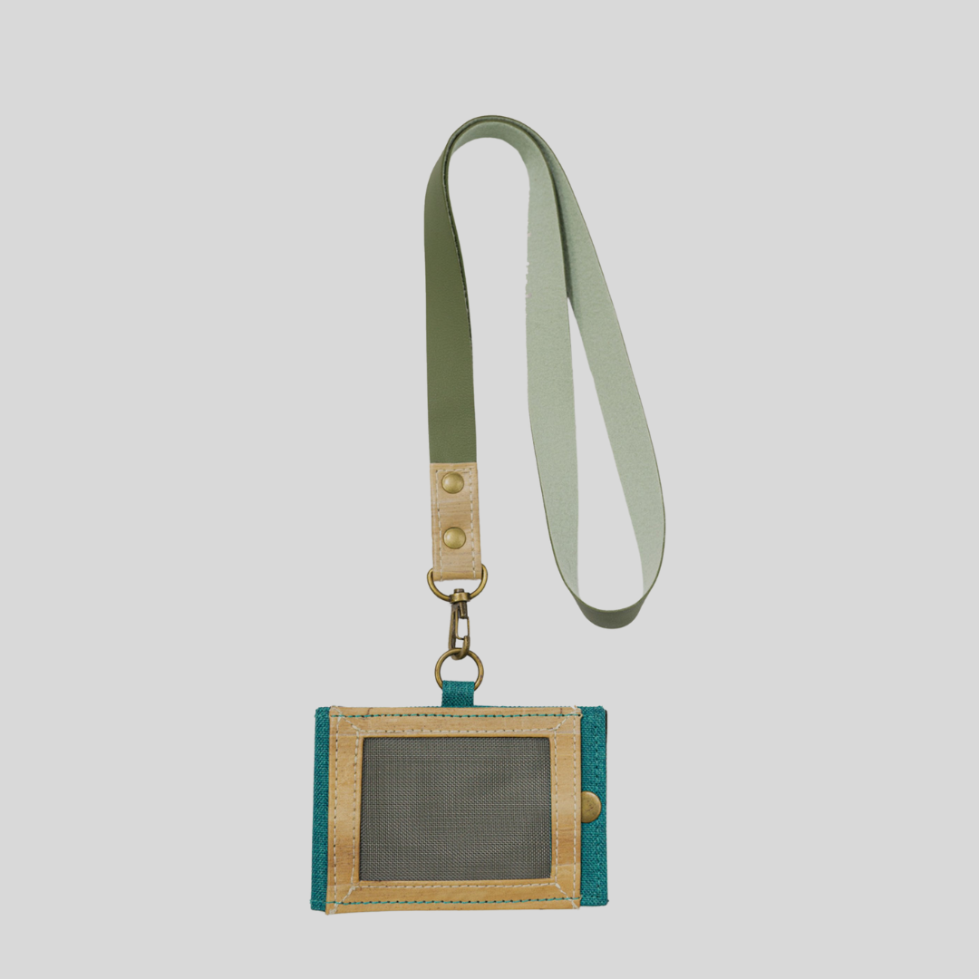 A green and teal vegan leather ID lanyard