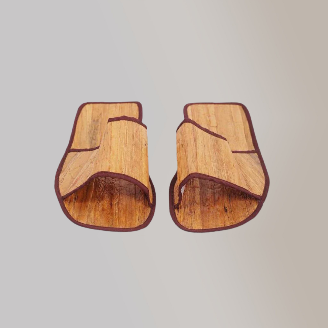 Thin brown material that look like theyre made of wooden material due to the water hyacinth vegan leather, with brown fabric hems on all sides.