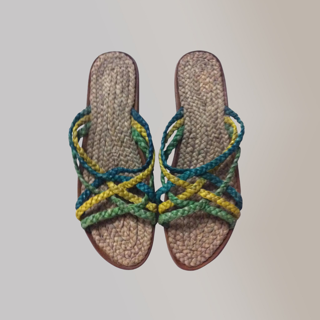 High quality slippers made out of woven yarn material, with colorful straps on top of the foot and a comfortable woven cotton sole.