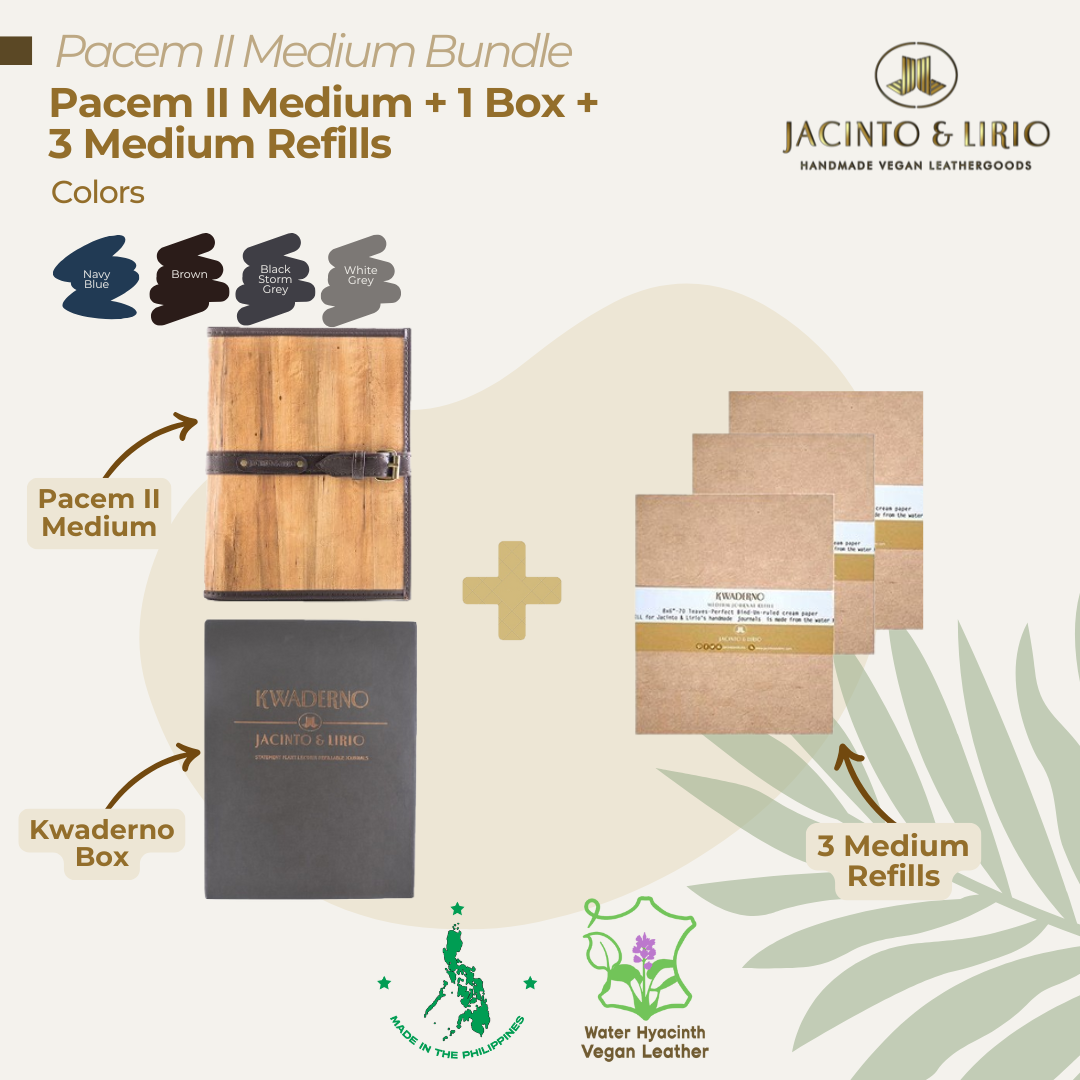 A bundle composed of a classy brown journal, gift box packaging, and three medium notebook refills as perfect gifts for notetakers and jetsetters.