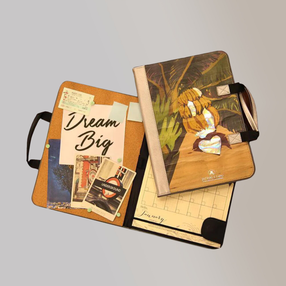 A vegan leather planner with an artwork of bananas on the cover.