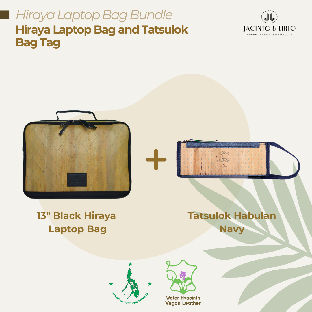 A bundle comprised of a 13" Black Hiraya laptop bag and a Tatsulok vegan leather bag tag in Habulan Navy.