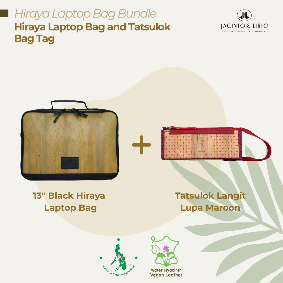 A bundle comprised of a 13" Black Hiraya laptop bag and a Tatsulok vegan leather bag tag in Langit Lupa Maroon.