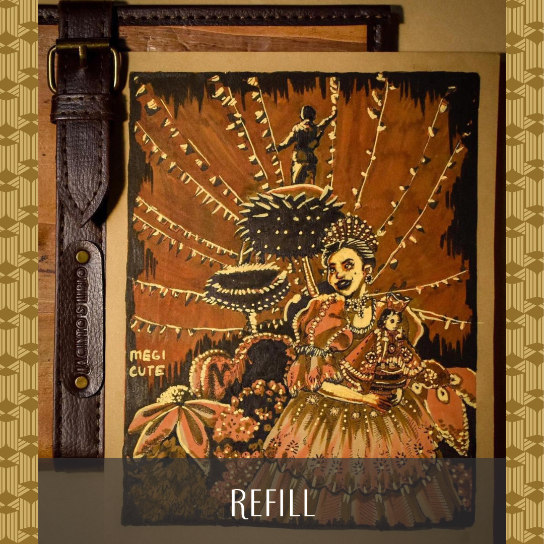 A close-up shot of a leather-bound notebook or folio from the brand Jacinto & Lirio, featuring a decorative, refillable cover. The cover is adorned with a colorful illustration in warm, earthy tones, depicting a woman in traditional Filipino attire holding a small religious statue (likely the Santo Niño). The drawing has a festive, carnival-like feel with string lights and a person on a tightrope in the background. The text "REFILL" is prominently displayed on a dark rectangular overlay at the bottom of the