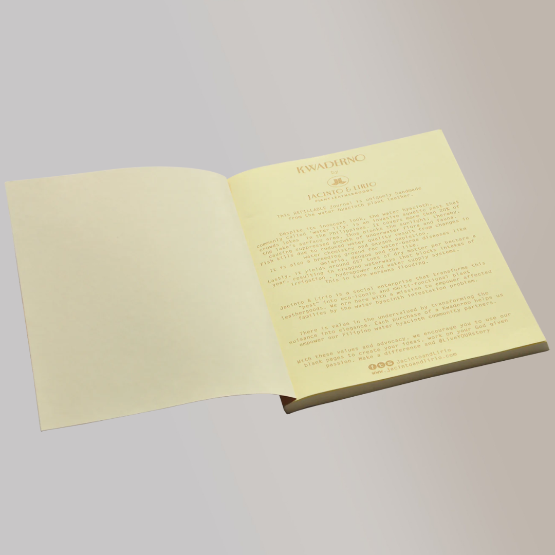 A note book opened to its first page, which shows the product description of the notebook