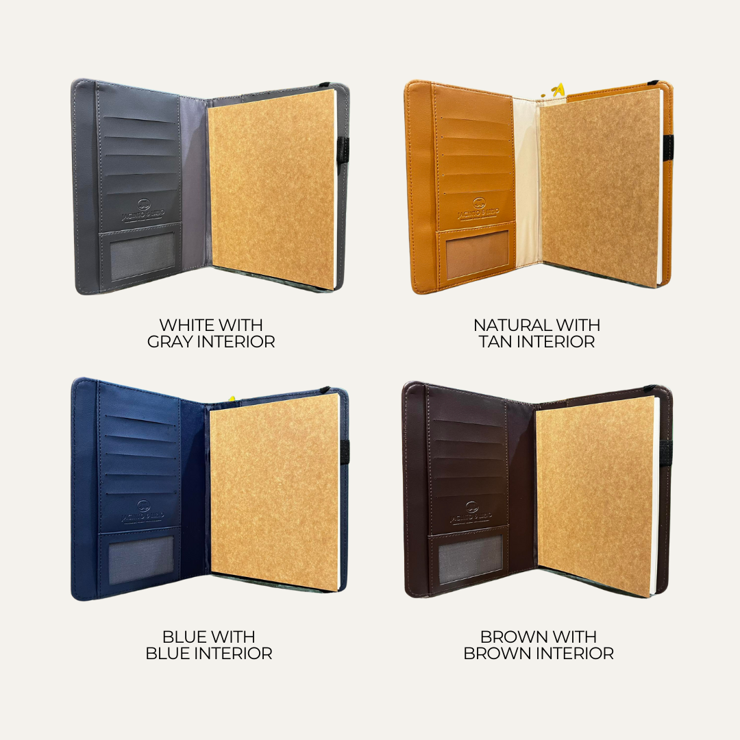 4 color variations of a vegan leather journal: white with gray interior, natural with tan interior, blue with a matching interior, and brown with a coffee brown interior.