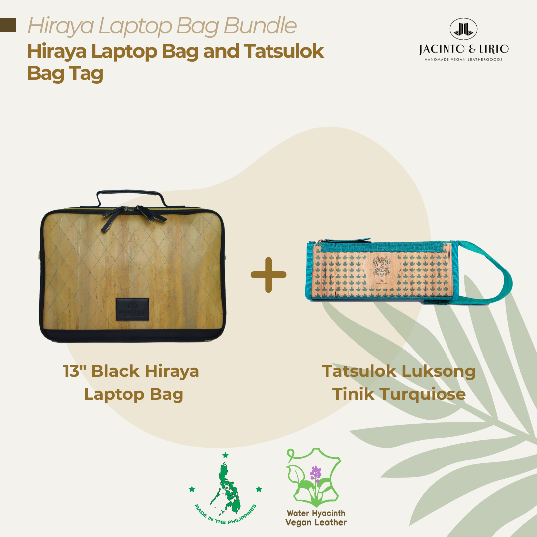 A bundle comprised of a 13" Black Hiraya laptop bag and a Tatsulok vegan leather bag tag in Luksong Tinik Turquoise.