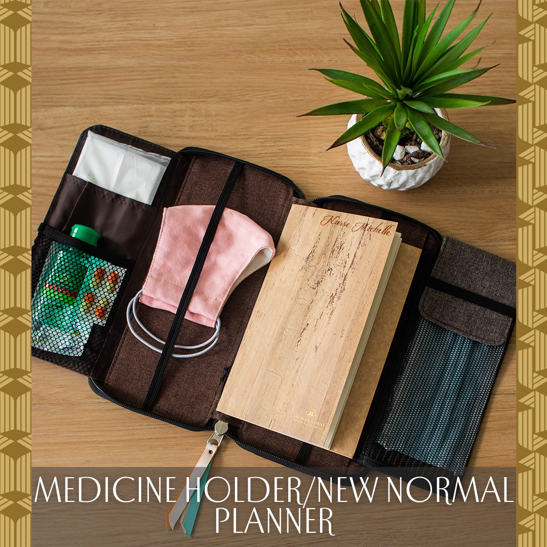 A wallet and journal holder serving as a medicine holder with a mask.