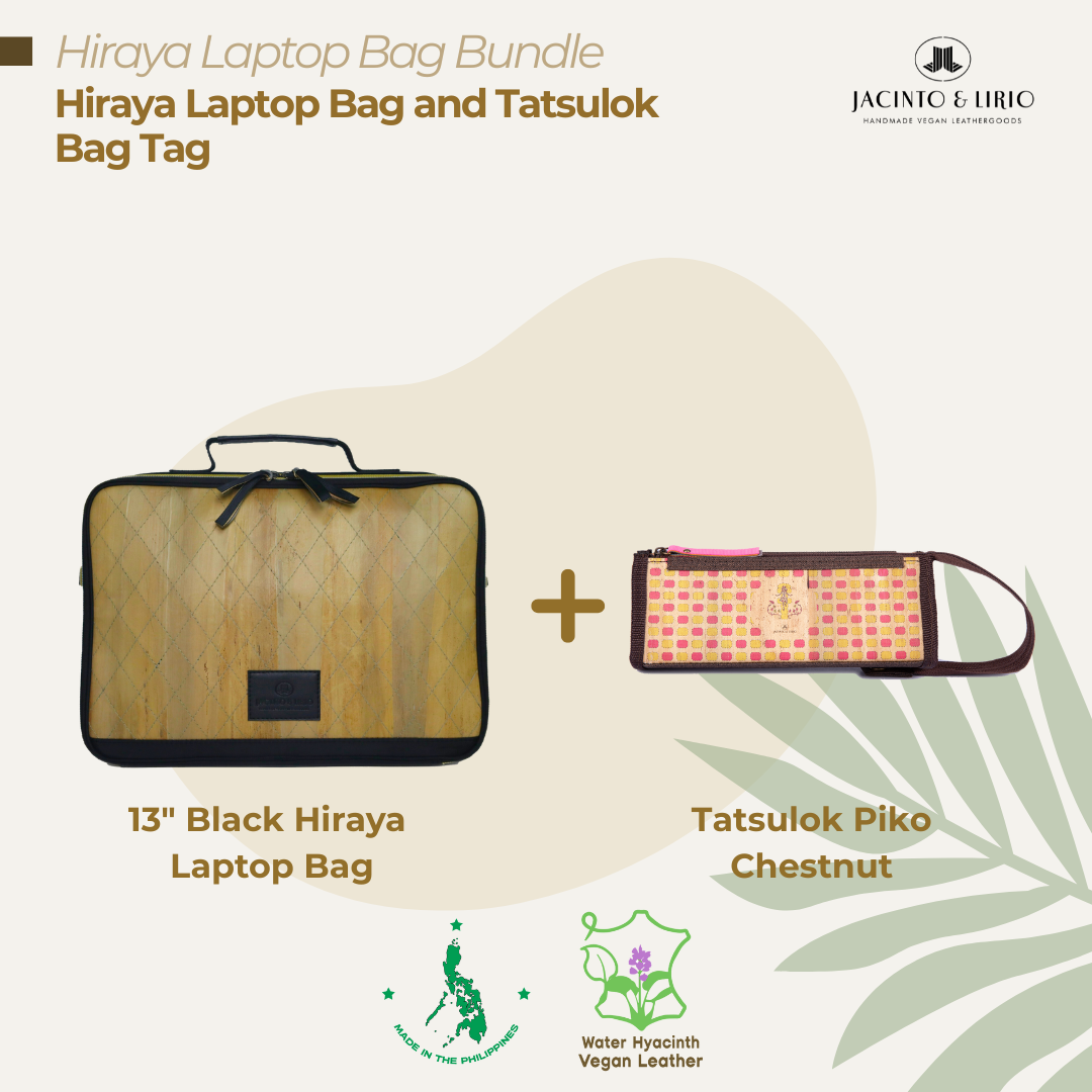 A bundle comprised of a 13" Black Hiraya laptop bag and a Tatsulok vegan leather bag tag in Piko Chestnut.