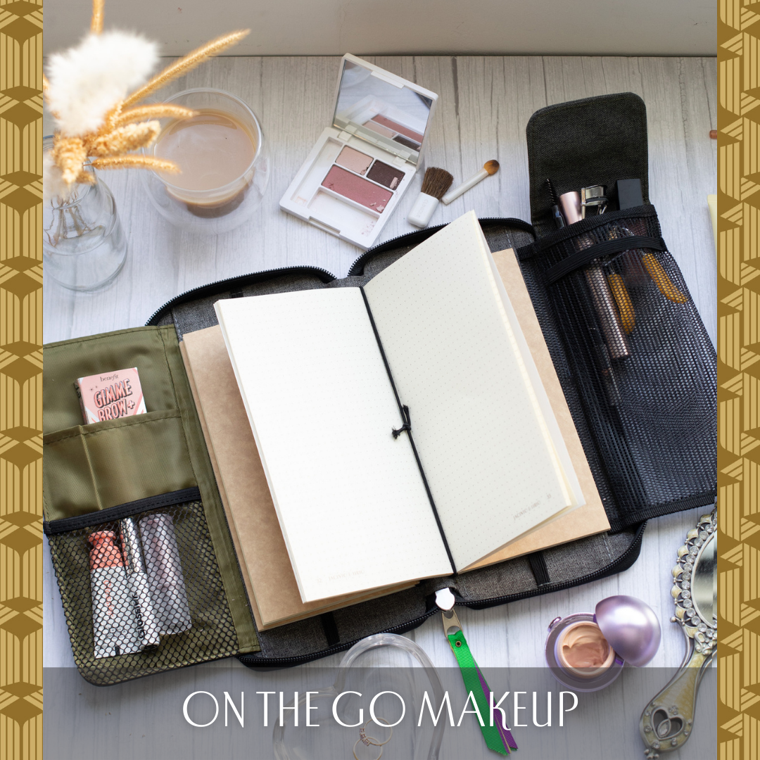A journal inside a vegan leather wallet that can also store makeup.