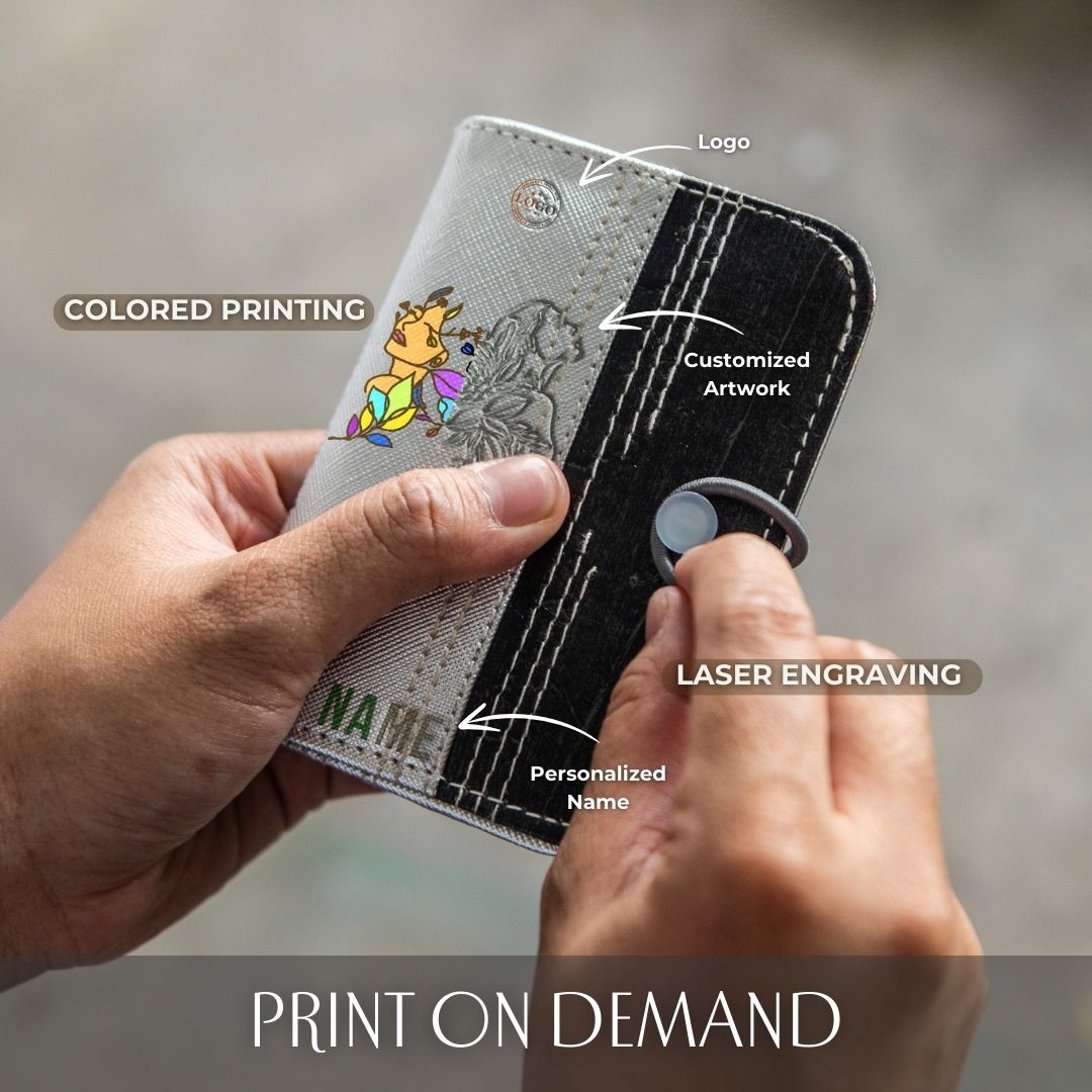 Customized colored laser printing on a vegan leather card wallet