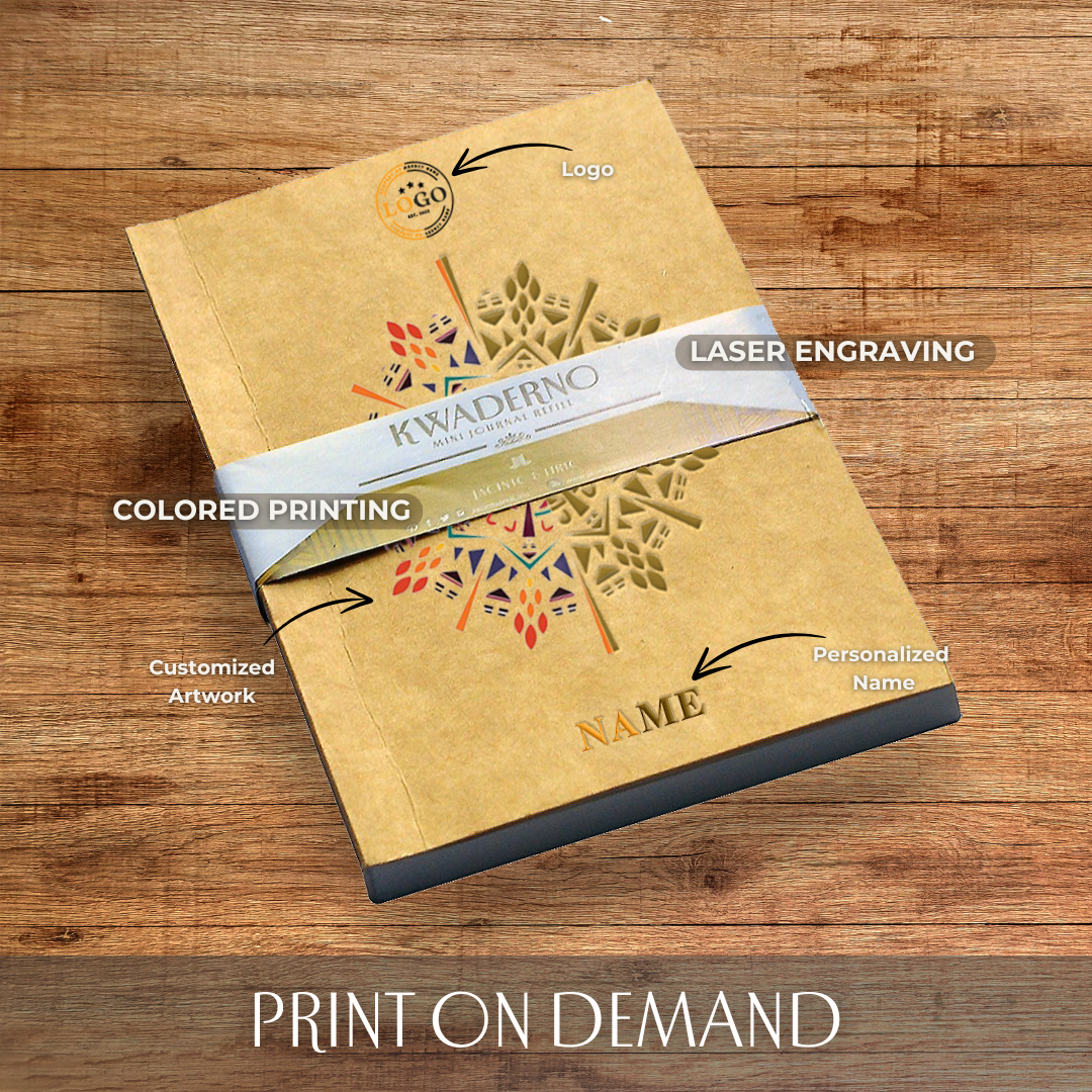 A kraft notebook that has 3d colorful laser engraving on it.