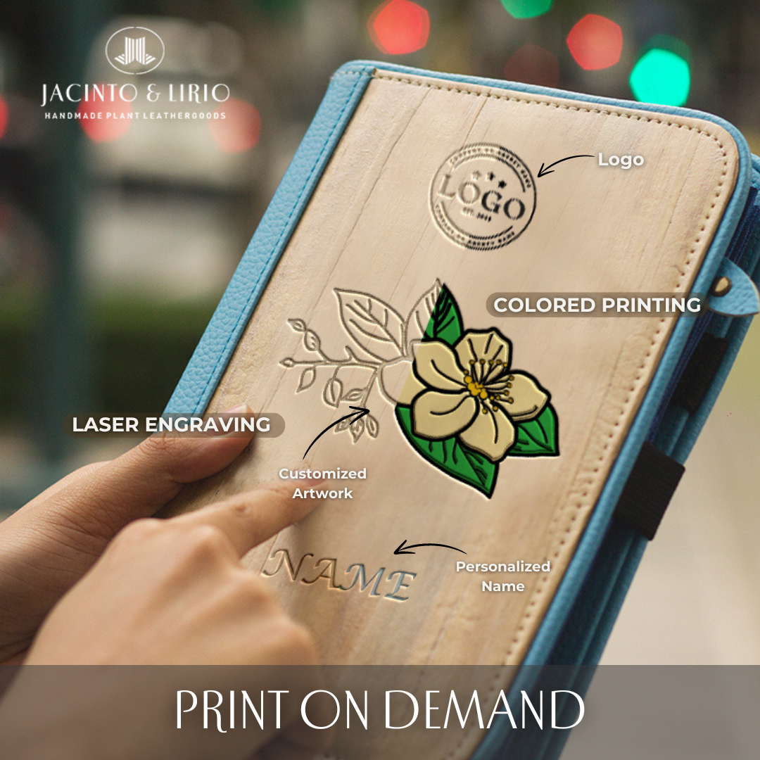 A flower lase printed on a brown and blue journal.