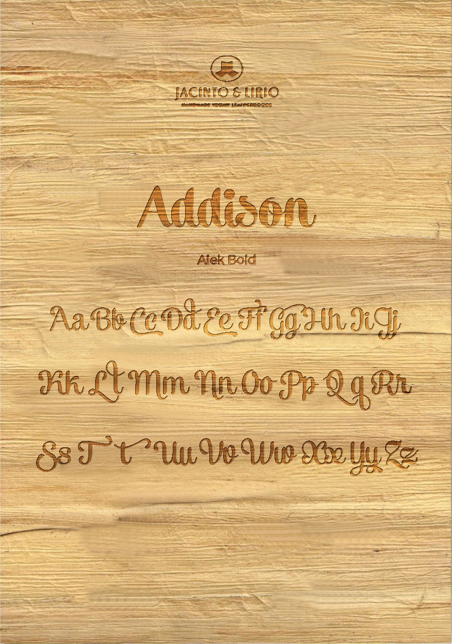 The name "Addison" laser engraved on a piece of vegan leather along with its the uppercase and lowercase alphabet engraved with the same font to showcase the full range.