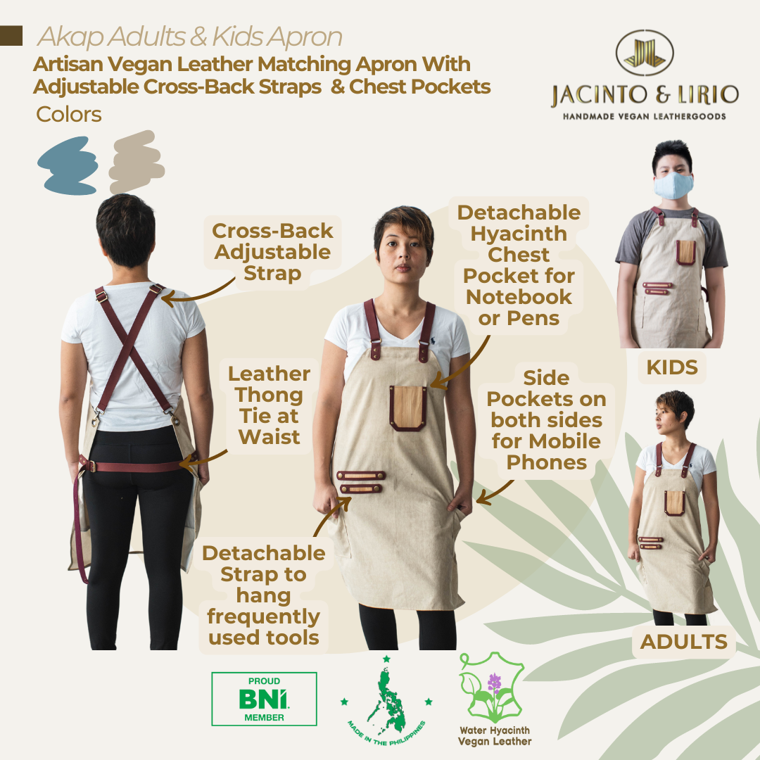 Photo collage of people wearing of Akap Adult & Kids Apron, displaying the apron's features such as the cross-back adjustable strap, leather waste tie, detachable strap for hangng tools, vegan leather chest pocket and side pockets.