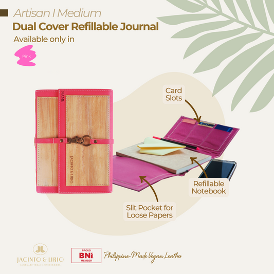 Artisan Medium Dual Cover Refillable Vegan Leather Journal (Pink) - Jacinto & Lirio