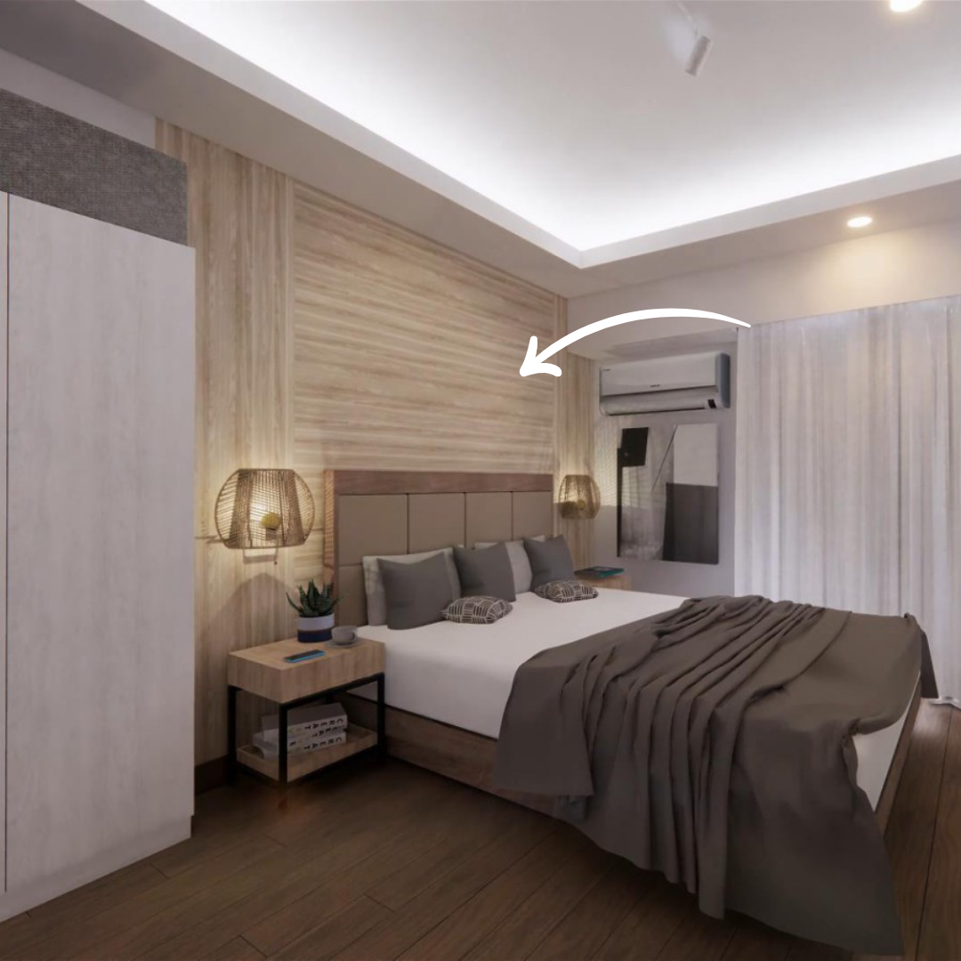 A gray and white themed bedroom with a matching light colored wooden wallpaper behind the bed