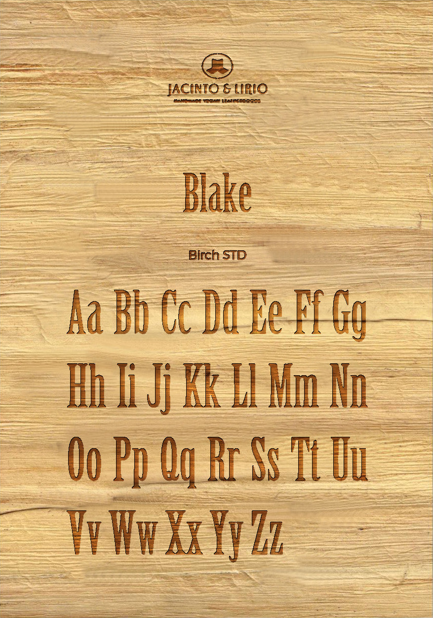 The name "Blake" laser engraved on a piece of vegan leather along with its the uppercase and lowercase alphabet engraved with the same font to showcase the full range.