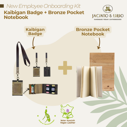 A product bundle of a brown ID lanyard and a bronze pocket notebook