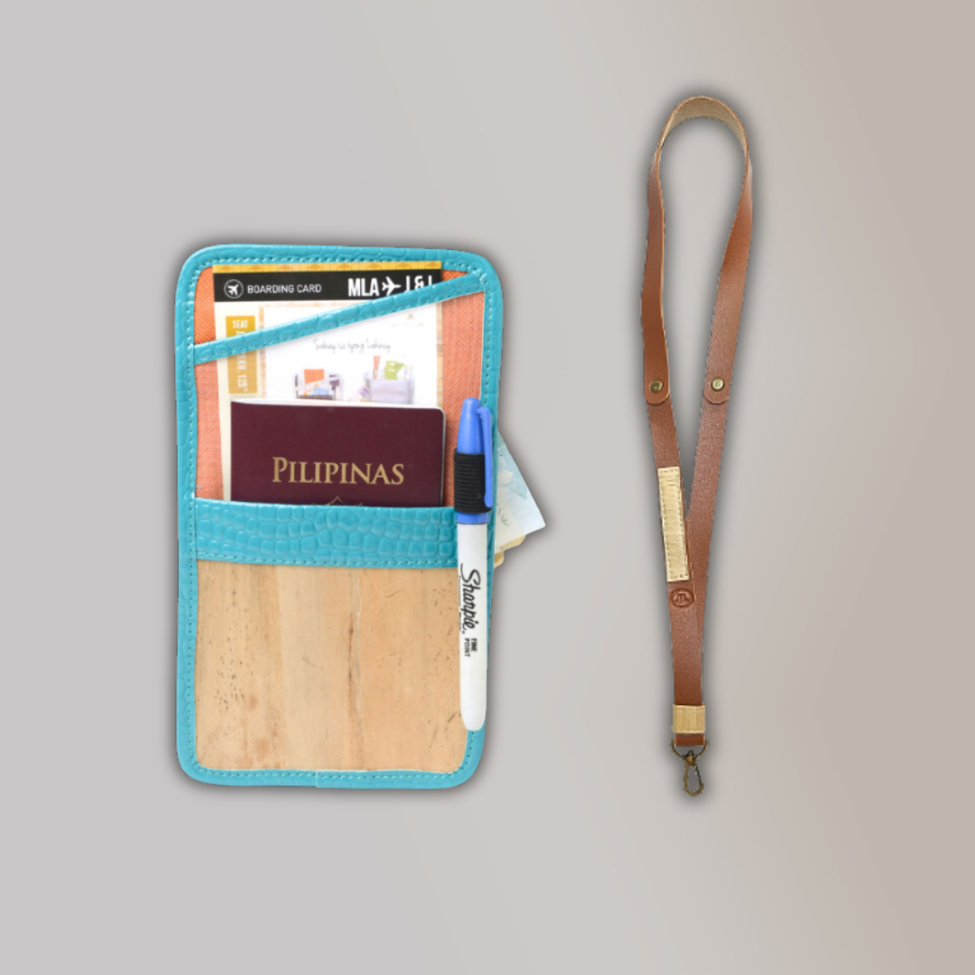 Lakbay Travel Essentials Kit - Turquoise Variation Lakbay and Camel Brown Colored Lanyard