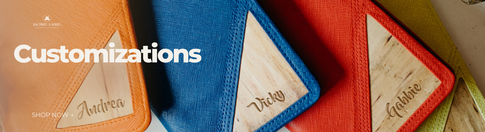 Four differently colored vegan leather wallets with a custom printed name on them.