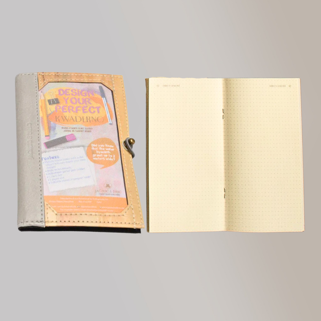A vegan leather notebook with a gray leather spine, beside dotted page notebook refills from Jacinto & Lirio