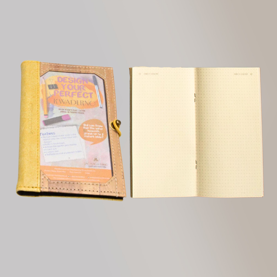 A vegan leather notebook with a citron yellow leather spine, beside notebook refills from Jacinto & Lirio