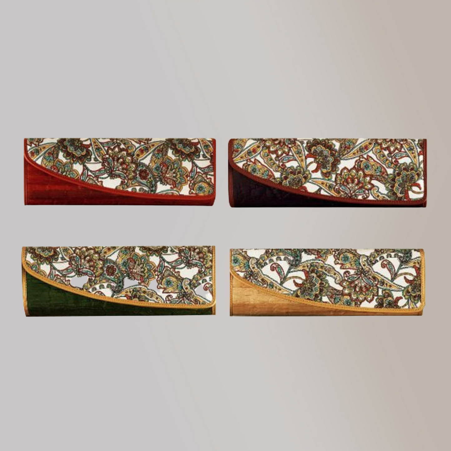 4 different color variations of a vegan leather clutch with intricate embroidery on the front, in colors red, black, green, and beige.