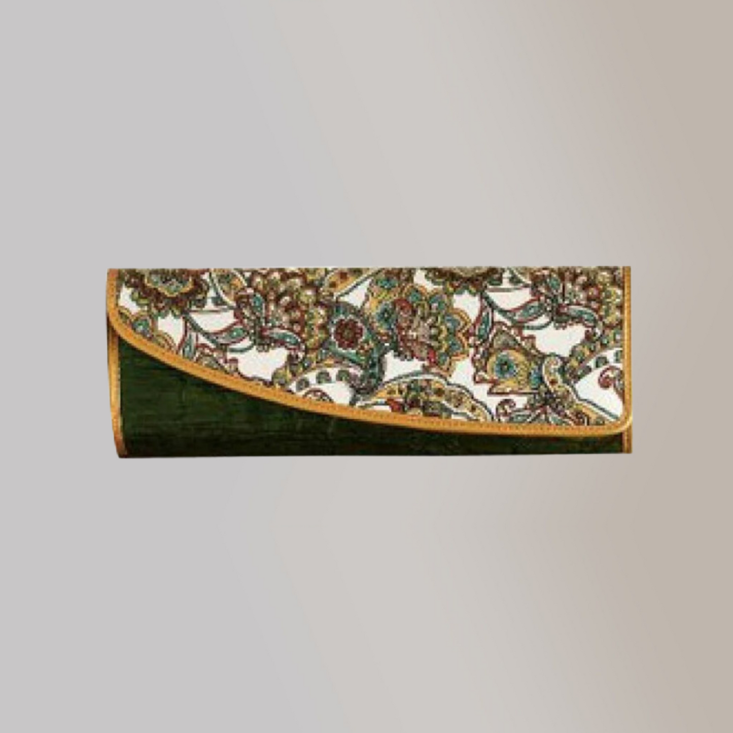 A forest green vegan leather cluch with gold hemming and vintage embroidery on its front flap.