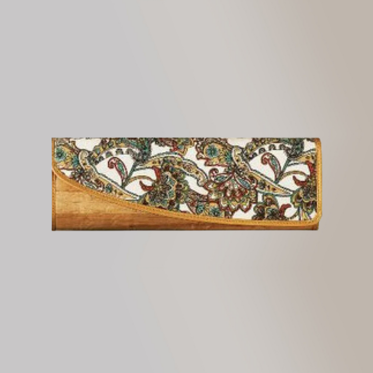 A small vegan leather clutch that has an almost wooden texture, excuding sophistication as the embroidery on its front looks timeless and stylish