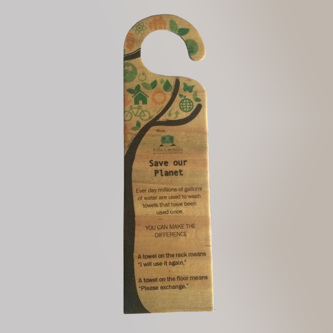 Eco-friendly hotel door hanger crafted from sustainable water hyacinth vegan leather, displaying a "Save our Planet" message with green environmental icons. The signage, promoting towel reuse and water conservation, is ideal for green tourism initiatives.